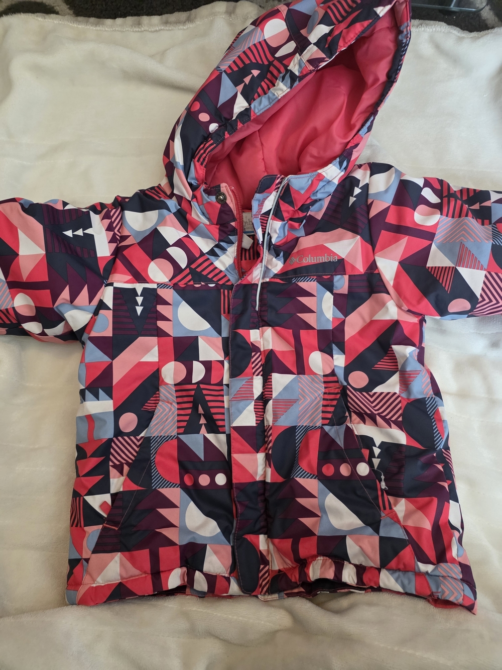 Columbia Girls' Geometric Pink, Navy & Light Blue Puffer Jacket